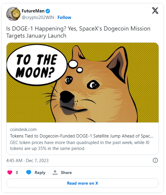 上车没？SpaceX明年1月发射狗币太空任务”DOGE-1″