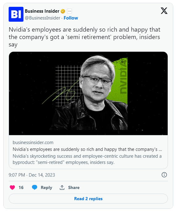 Nvidia股价飙太凶 员工暴富工作上呈”半退休”状态
