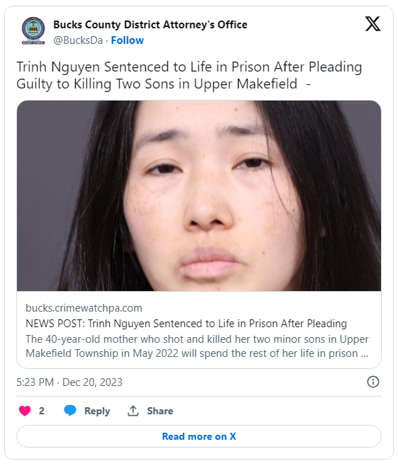 “无法理解”冷血杀害两子 宾州亚裔母亲避免死刑