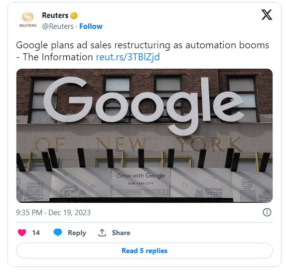 Google传将重组广告销售部门 恐酿新一波大裁员