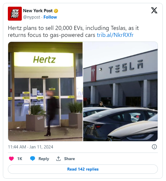 被坑惨!租车巨头Hertz甩卖2万辆电动车 购燃油车
