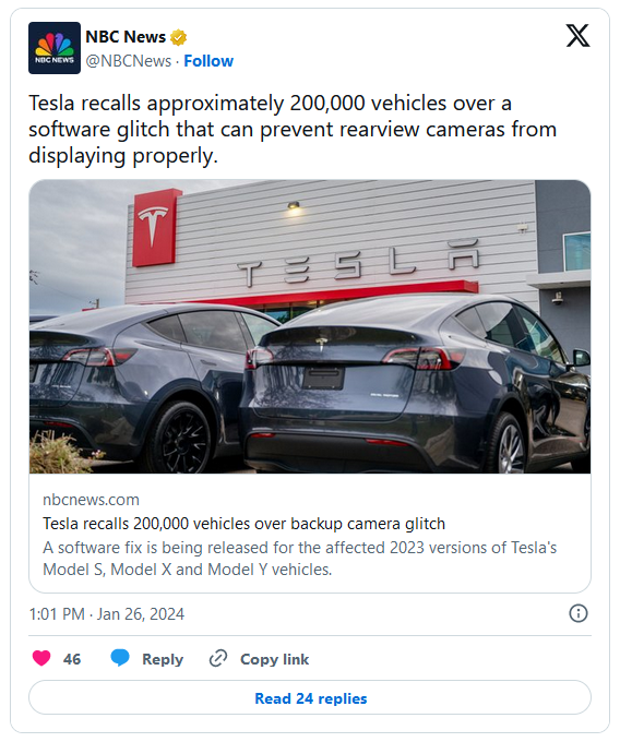 因这一软件漏洞 特斯拉在全美召回近20万辆汽车