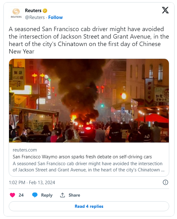 史上最惨！谷歌无人驾驶车在中国城遭暴徒烧毁