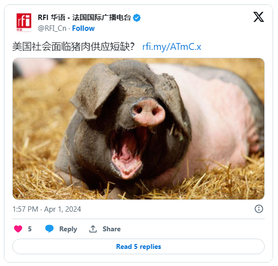 美国社会面临猪肉供应短缺？