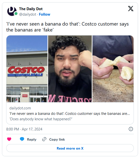 Costco顾客吐槽买到的香蕉竟是假的:很硬 掰不动